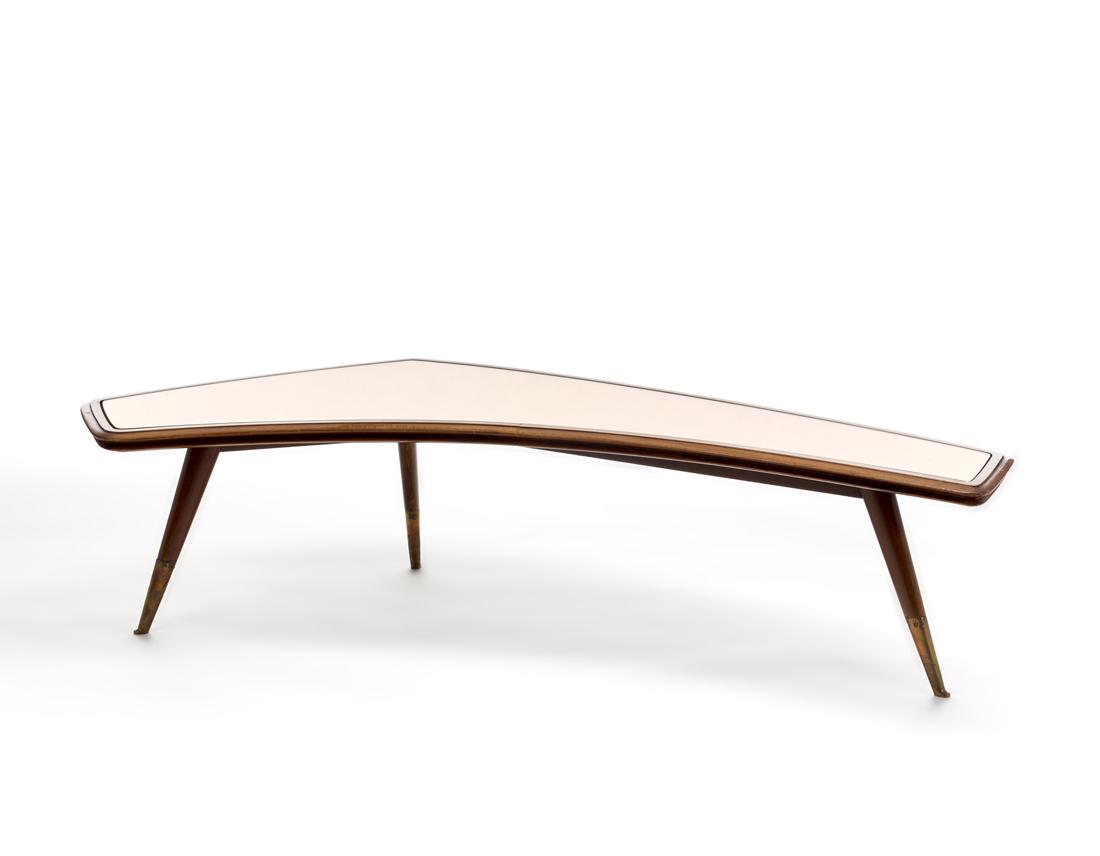 Tripod coffee table in solid wood with boomerang top covered in rosambÃ© glass, brass feet. Italy, (1 of 1)