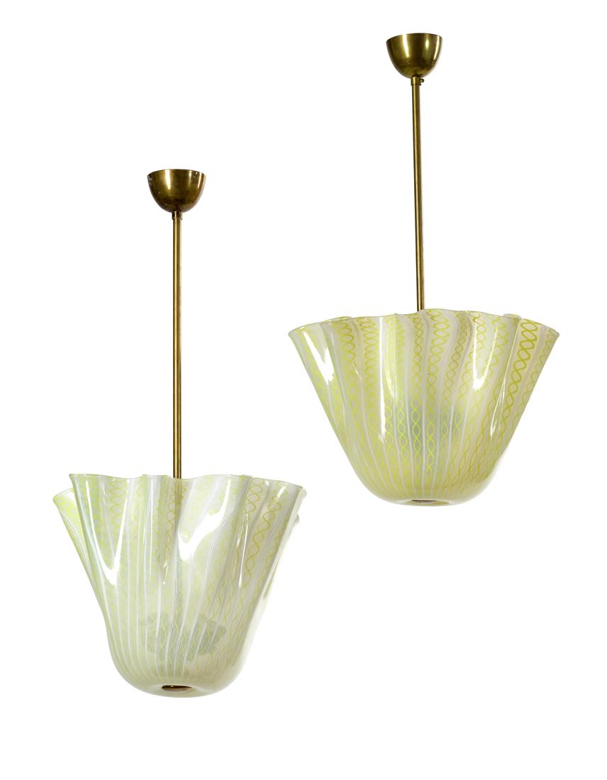 Venini  Two hanging lamps. Murano, 1950s. Diffuser in transparent blown glass with lattimo and (1 of 1)