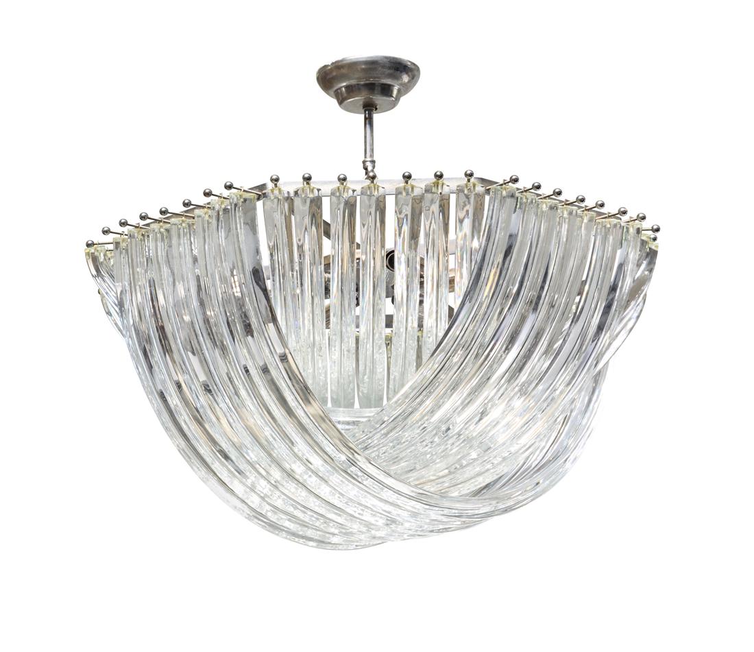 Venini  Suspension lamp of the series "Triedri". Murano, 1970s/1980s. Structure in chromed metal, (1 of 1)