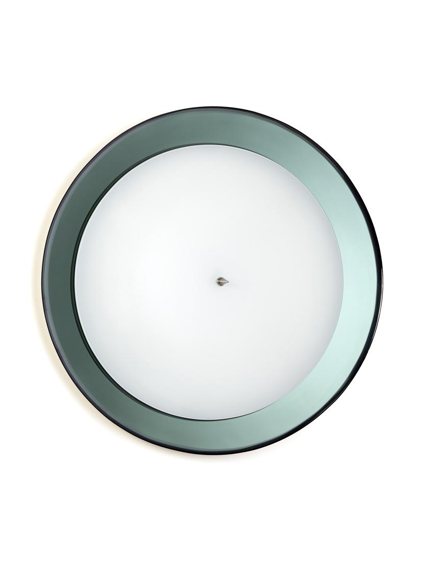 Ceiling lamp with lattimo glass diffuser, smoked crystal frame, metal closing element. Italy, 1970s. (1 of 1)