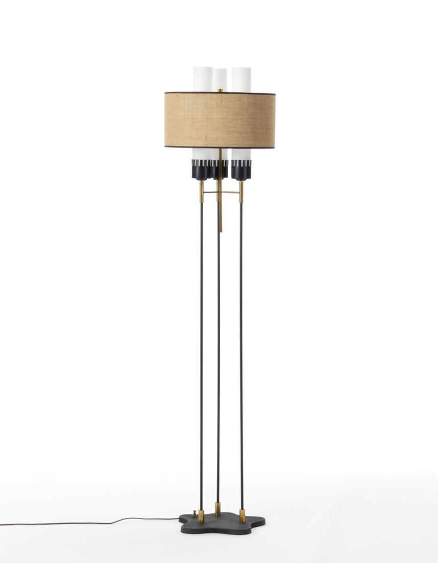 Floor lamp with three lights with structure in black and brass painted metal, diffusers in lattimo (1 of 1)