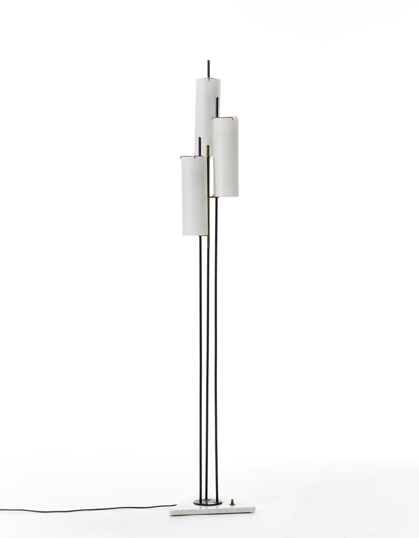 Three-light floor lamp with black and brass painted metal structure, lattimo incamiciato glass (1 of 1)