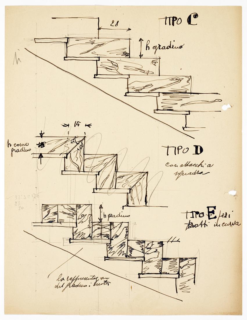 Gio Ponti (Milano 1891 - Milano 1979) Two studies respectively for baluster stairs in Xantal and for: Gio Ponti (Milano 1891 - Milano 1979) Two studies respectively for baluster stairs in Xantal and for three types of stairs, probably for the Montecatini palace in Milano. Milan, 1935ca. Pencil and bla