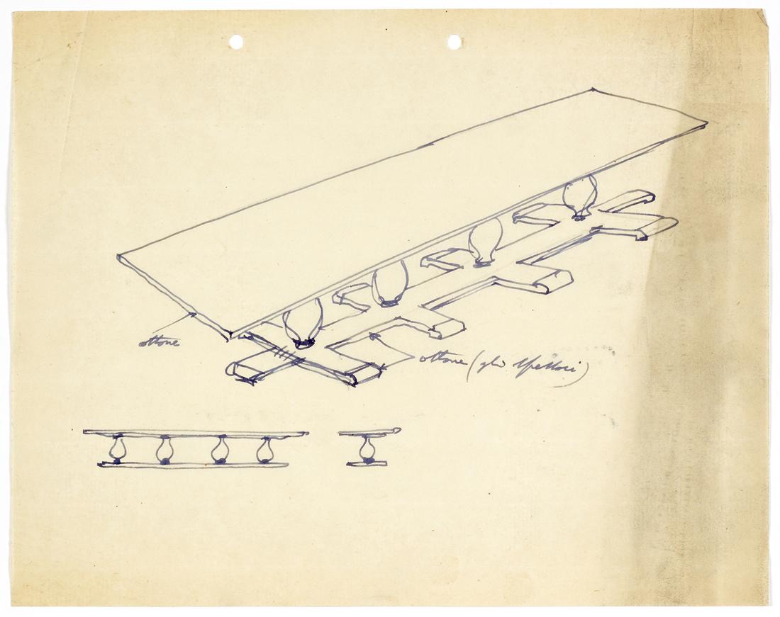Gio Ponti (Milano 1891 - Milano 1979) Study for a large table in wood and brass with baluster (1 of 1)