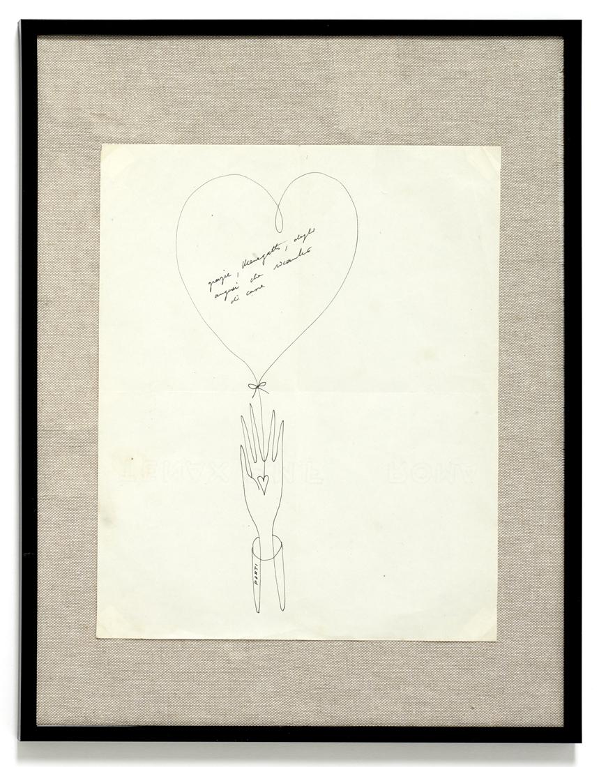 Gio Ponti (Milano 1891 - Milano 1979) "Mano e cuore" Drawing with dedication "grazie, Menegatti, (1 of 1)