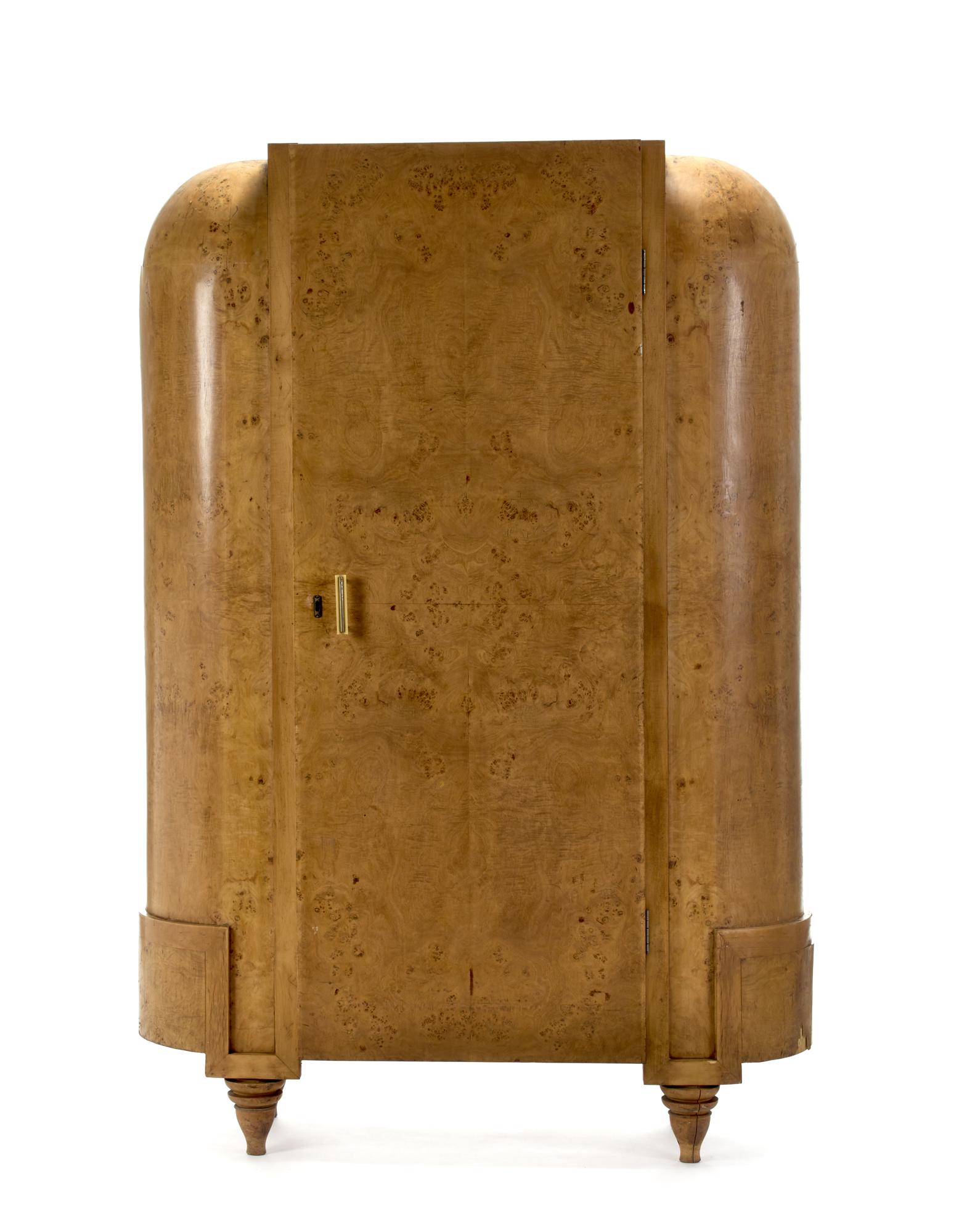 Deco light briar veneered closet cabinet with central door and curved sides with domed finials, (1 of 2)