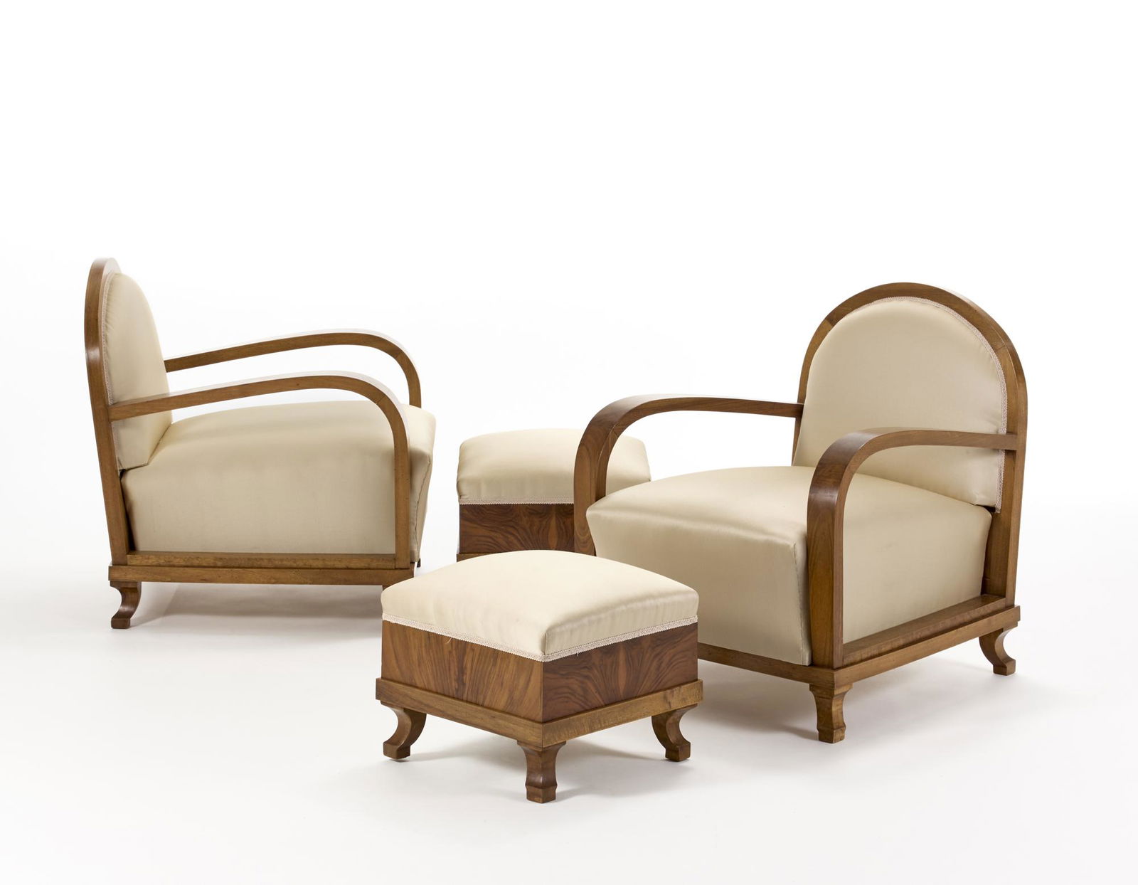 Pair of Deco armchairs with pouf. Italy, 1920s/1930s. Solid wood and burl veneer. CrÃ¨me-colored (1 of 1)