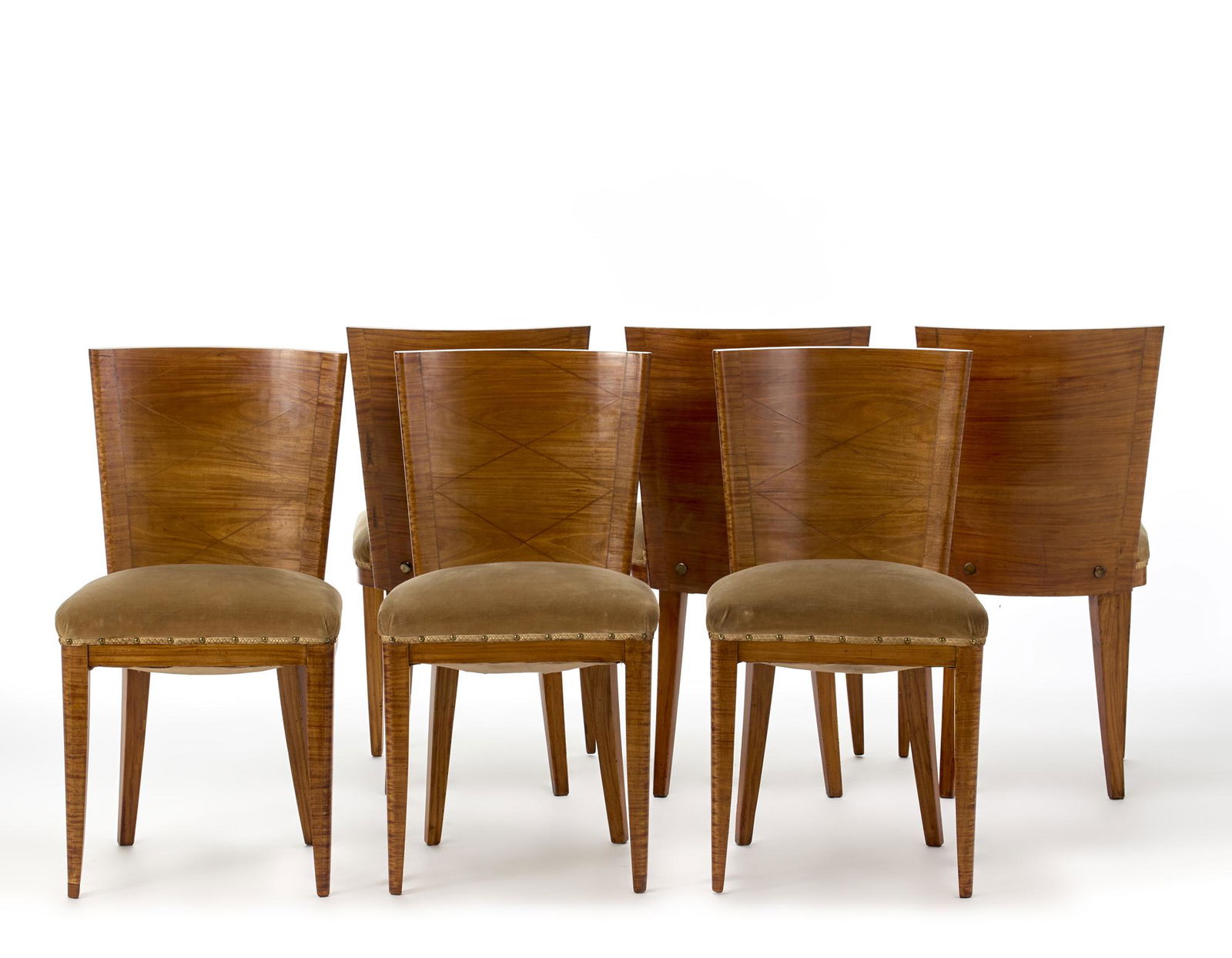 Group of six wood veneered Novecento chairs, upholstered and studded velvet covered seat, rhombus (1 of 1)