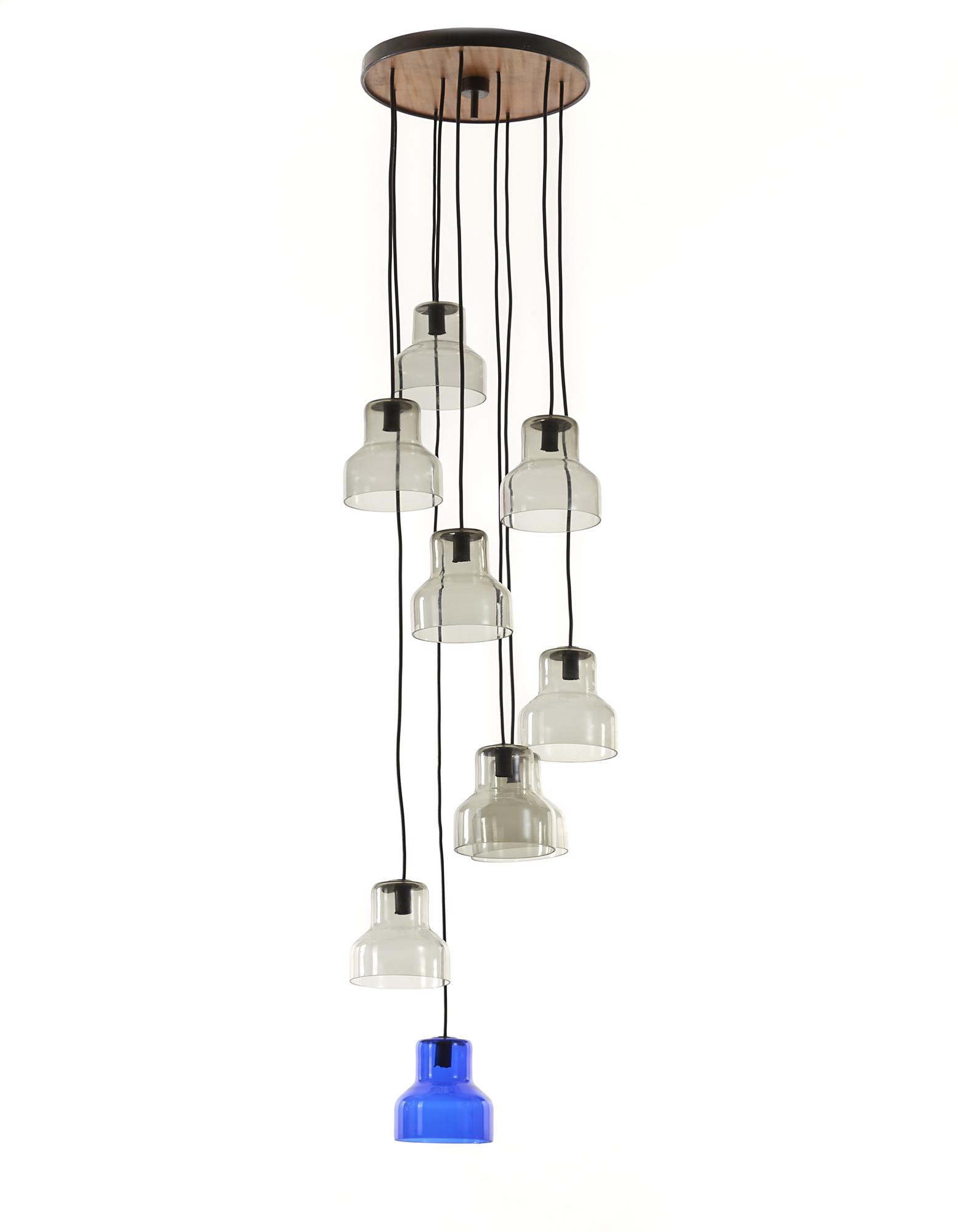Vistosi  Smoked transparent and blue glass nine-light pendant lamp. Metal and wood ceiling rose. (1 of 1)