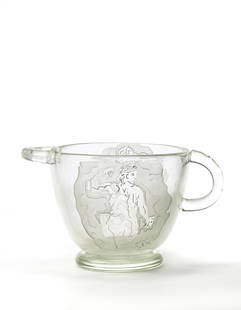 Oskar Kokoschka (Pöchlarn 1886 - Montreux 1980) "Coppa delle Baccanti" Large double-handled vase in: Oskar Kokoschka (Pöchlarn 1886 - Montreux 1980) "Coppa delle Baccanti" Large double-handled vase in thick transparent colorless blown glass, with handles and base heat-applied. Execution of the mas