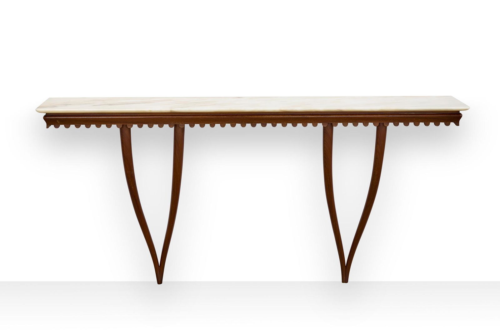 Hanging console with white marble top, mahogany structure with four inflected uprights and corbel (1 of 1)