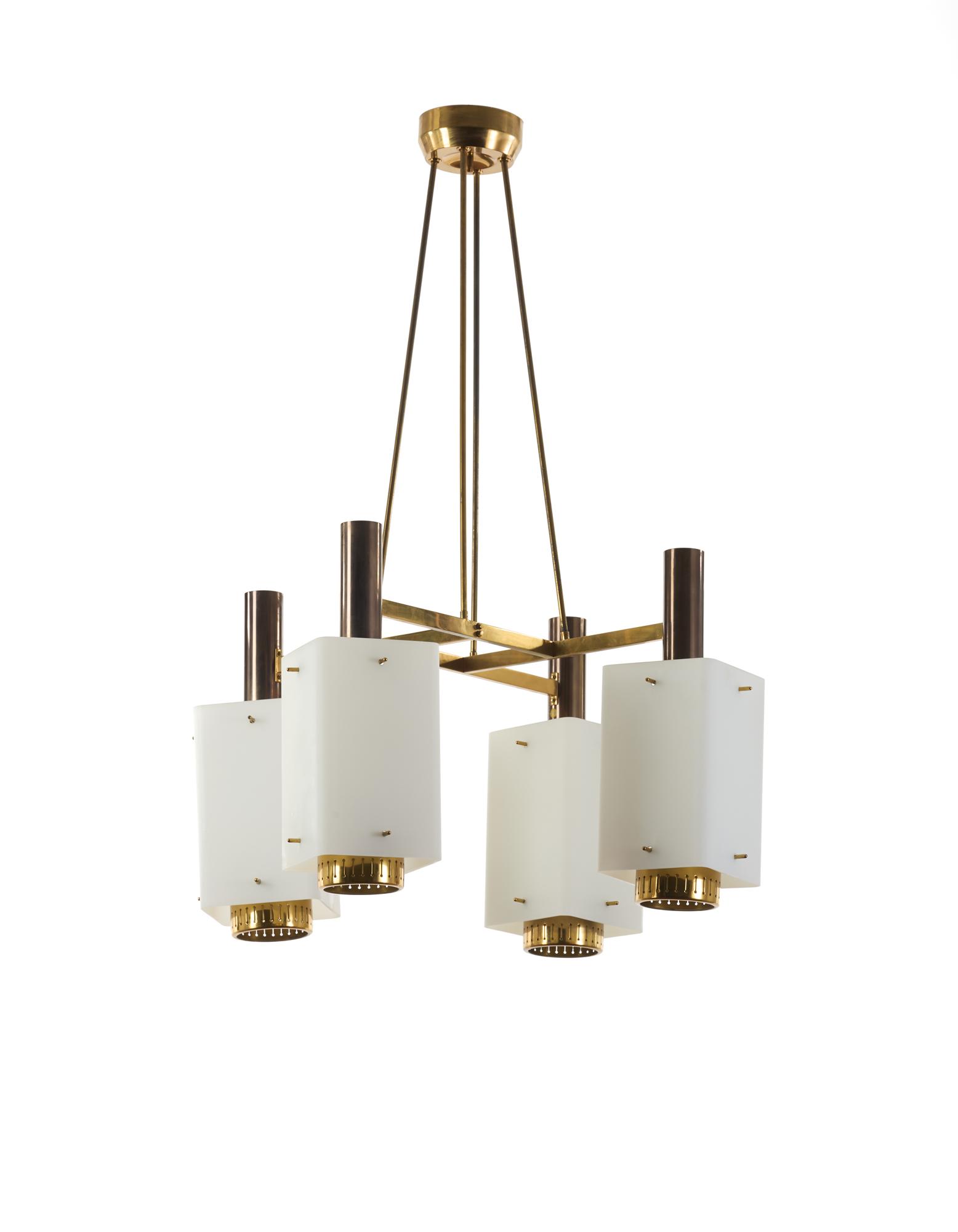 Stilnovo Pendant lamp model "1196". Milan, 1950s. Brass structure, four "Triplex Opal" glass: Stilnovo Pendant lamp model "1196". Milan, 1950s. Brass structure, four "Triplex Opal" glass diffusers. Bears a label. (76x100 cm.) Literature Stilnovo. Apparecchi per l'illuminazione, Catalogo n. 11,