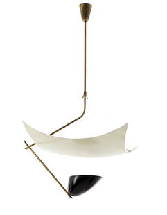 Angelo Lelii (Ancona 1915 - Monza 1987) Pendant lamp model "12385 Vela". Produced by Arredoluce,: Angelo Lelii (Ancona 1915 - Monza 1987) Pendant lamp model "12385 Vela". Produced by Arredoluce, Monza, 1951ca. Brass, black and white lacquered aluminium, nylon thread. (57x92x57 cm.) (slight defects