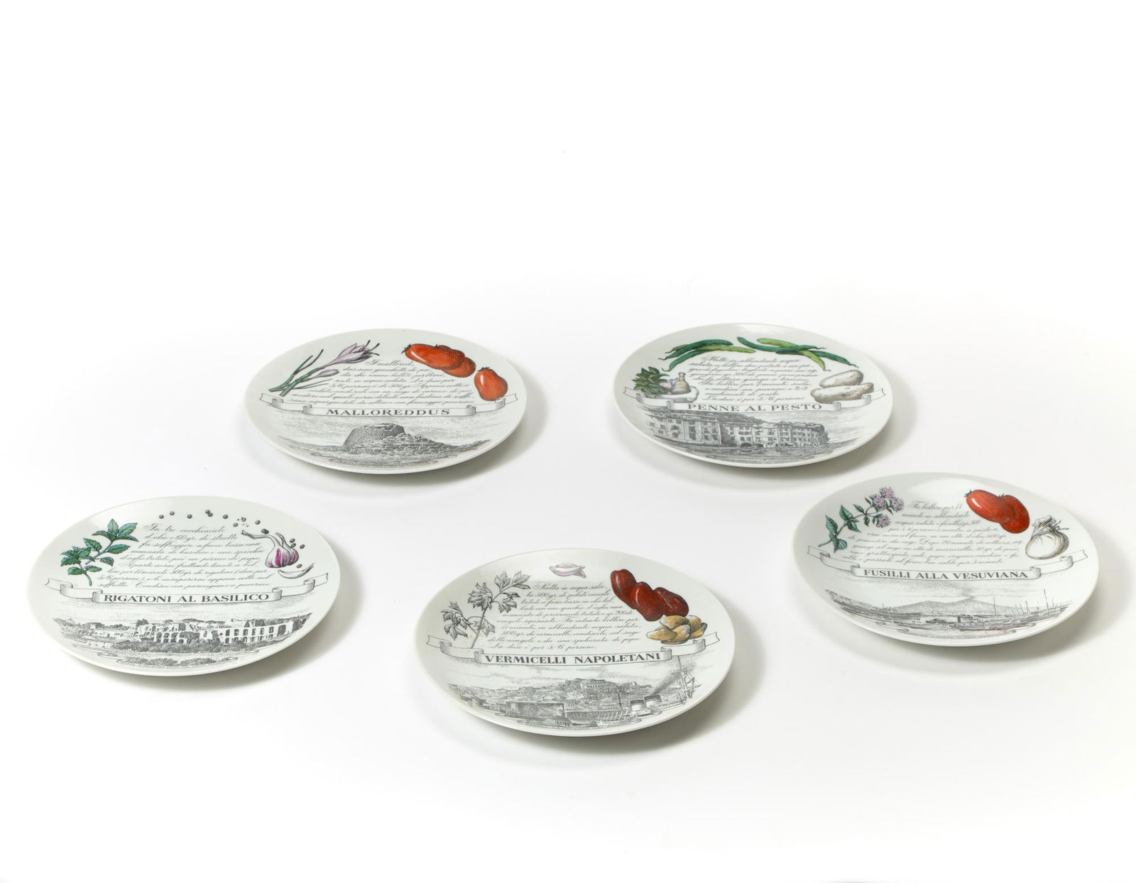 Piero Fornasetti (Milano 1913 - Milano 1988) Group of five plates of the series "Piatti tipici (1 of 1)