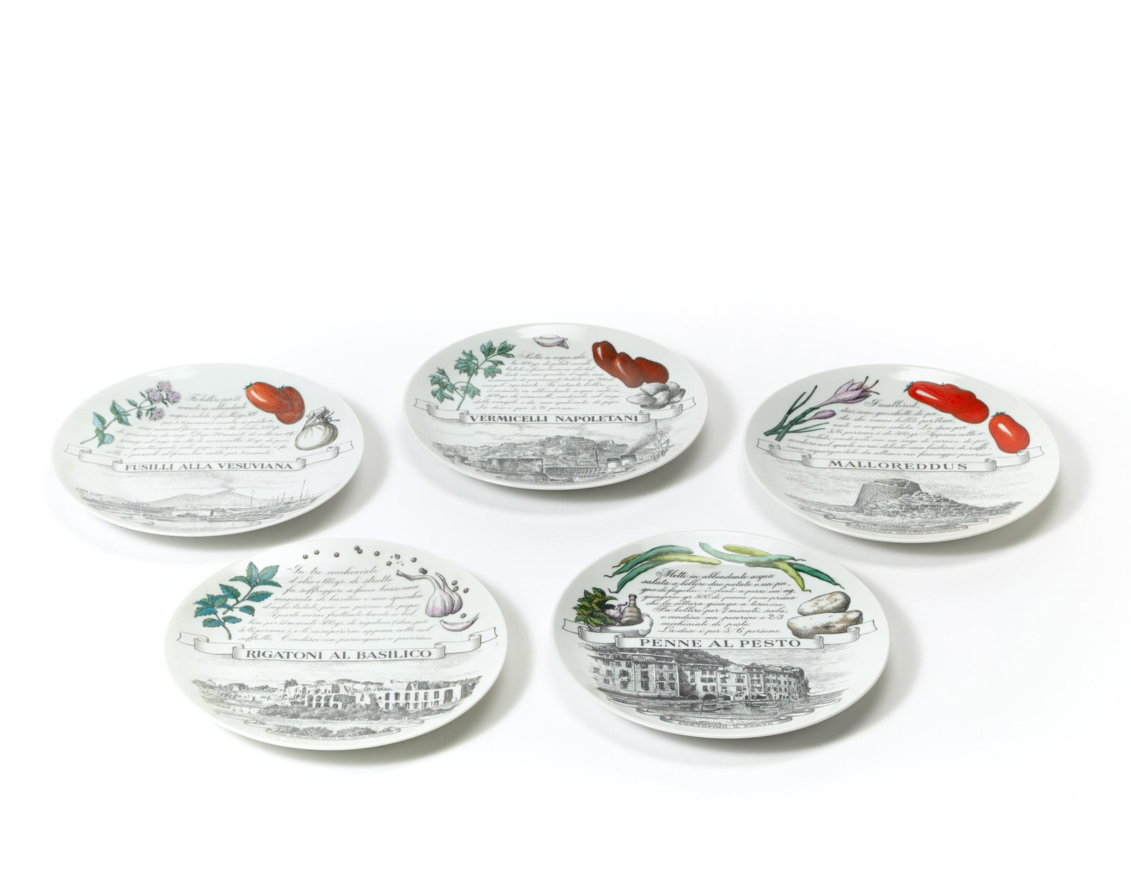 Piero Fornasetti (Milano 1913 - Milano 1988) Group of five plates of the series "Piatti tipici (1 of 1)