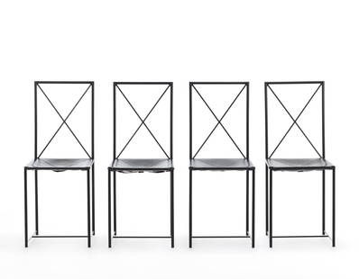 Mario Asnago (1896-1981) e Claudio Vender (1904-1986) Four chairs model "Moka". Produced by: Mario Asnago (1896-1981) e Claudio Vender (1904-1986) Four chairs model "Moka". Produced by Flexform, su disegno del 1939, Milan, 2000s. Structure in black painted metal tubing, seats in black leather