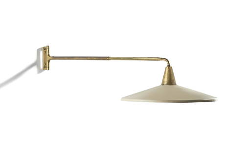 Angelo Ostuni  Wall lamp model "124". Execution by O-Luce, Milan, 1950ca. Telescopic arm in brass,: Angelo Ostuni Wall lamp model "124". Execution by O-Luce, Milan, 1950ca. Telescopic arm in brass, lampshade in white lacquered metal. (Max. ext. cm 165) Literature T. Braeuniger, O-Luce di Giuseppe Os