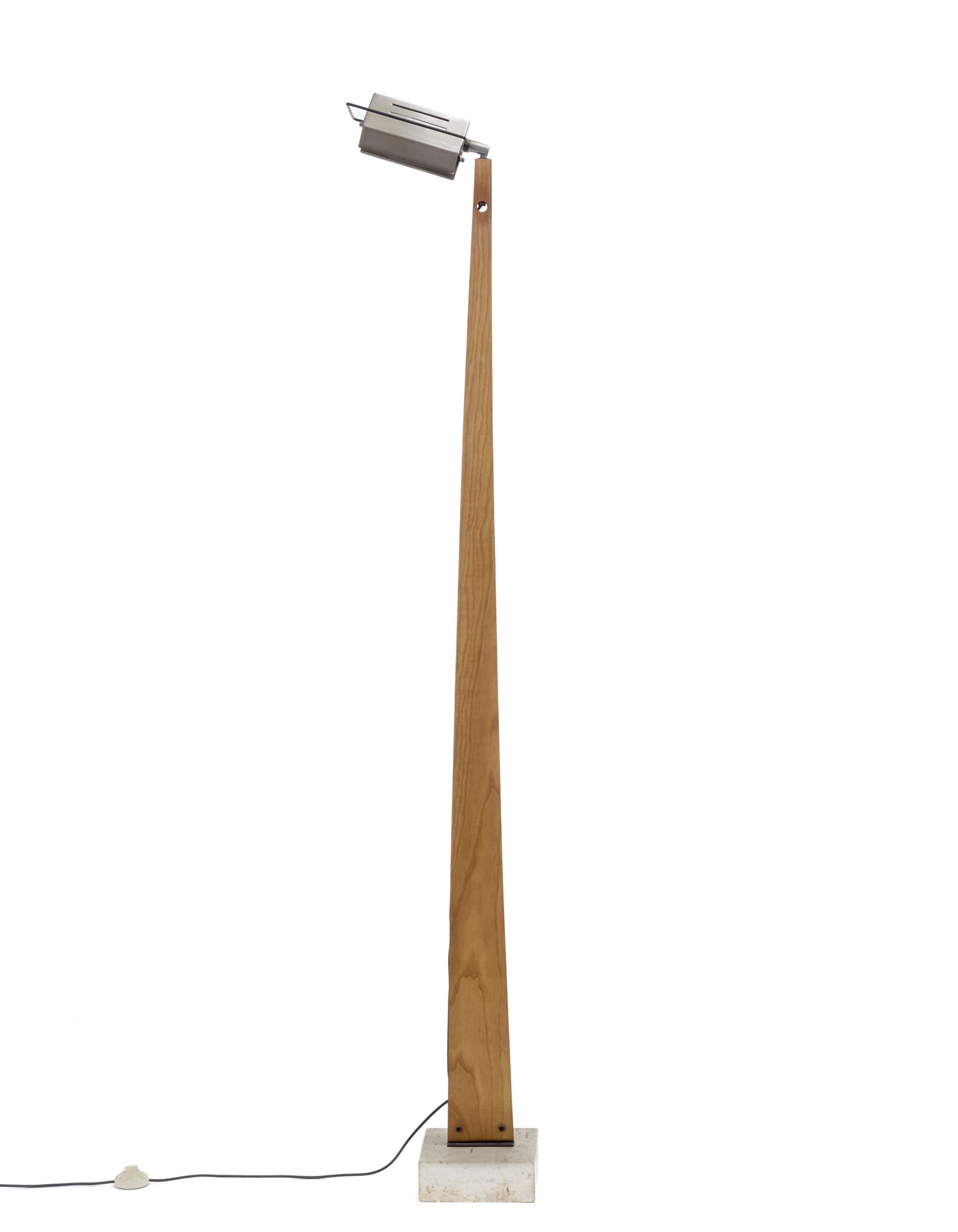 Floor lamp with wood structure, base in travertine and lampshade in metal with ajustable wing.: Floor lamp with wood structure, base in travertine and lampshade in metal with ajustable wing. Italy, 1960s/1970s. (h 190 cm.) (slight defects) IT Lampada da terra con struttura in legno, base in trav