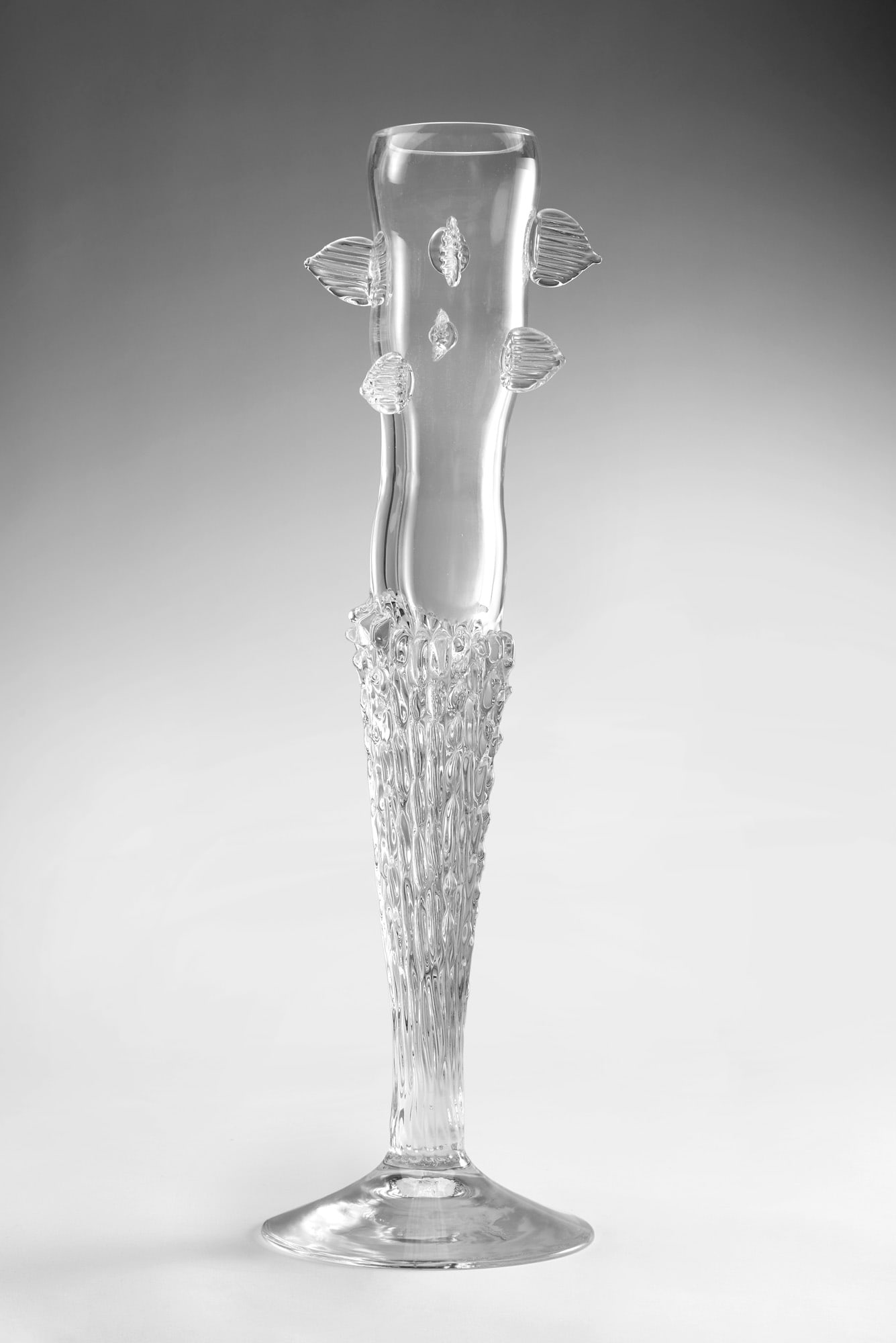 David Palterer (1949) Sculptural vase in clear colorless blown glass. Sardinia Crystal, Italy, 1996.: David Palterer (1949) Sculptural vase in clear colorless blown glass. Sardinia Crystal, Italy, 1996. Etched signature, numbered and dated underneath the base. (h 53 cm.) Provenance Private collection,