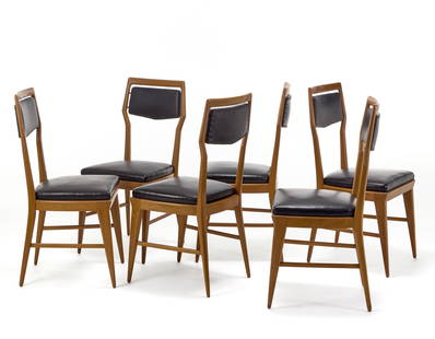 Giulio Moscatelli (1917 - 1994) (Attributed) Six chairs with wooden structure, black synthetic: Giulio Moscatelli (1917 - 1994) (Attributed) Six chairs with wooden structure, black synthetic leather seat and back. Italy, 1950s. (45x95x45 cm.) (slight defects) IT (Attribuito) Sei sedie con strutt