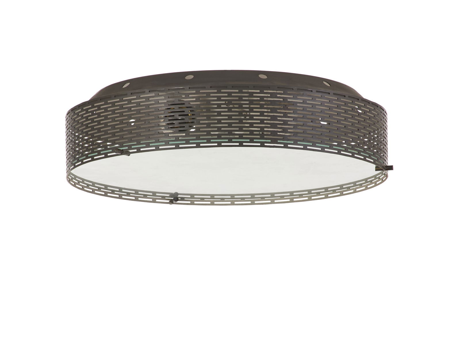 Fontana Arte  Ceiling lamp model "2335". Milan, 1964ca. Perforated sheet metal frame, satin glass (1 of 1)