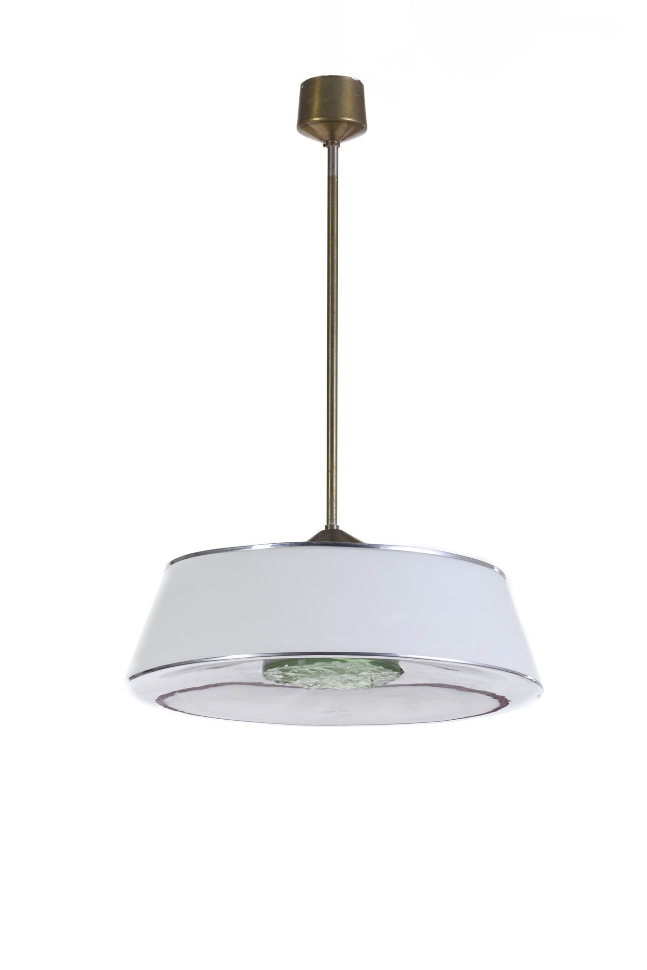 Fontana Arte  Suspension lamp model "2364". Milan, 1964ca. Incamiciato lattimo satin glass, chromed (1 of 1)