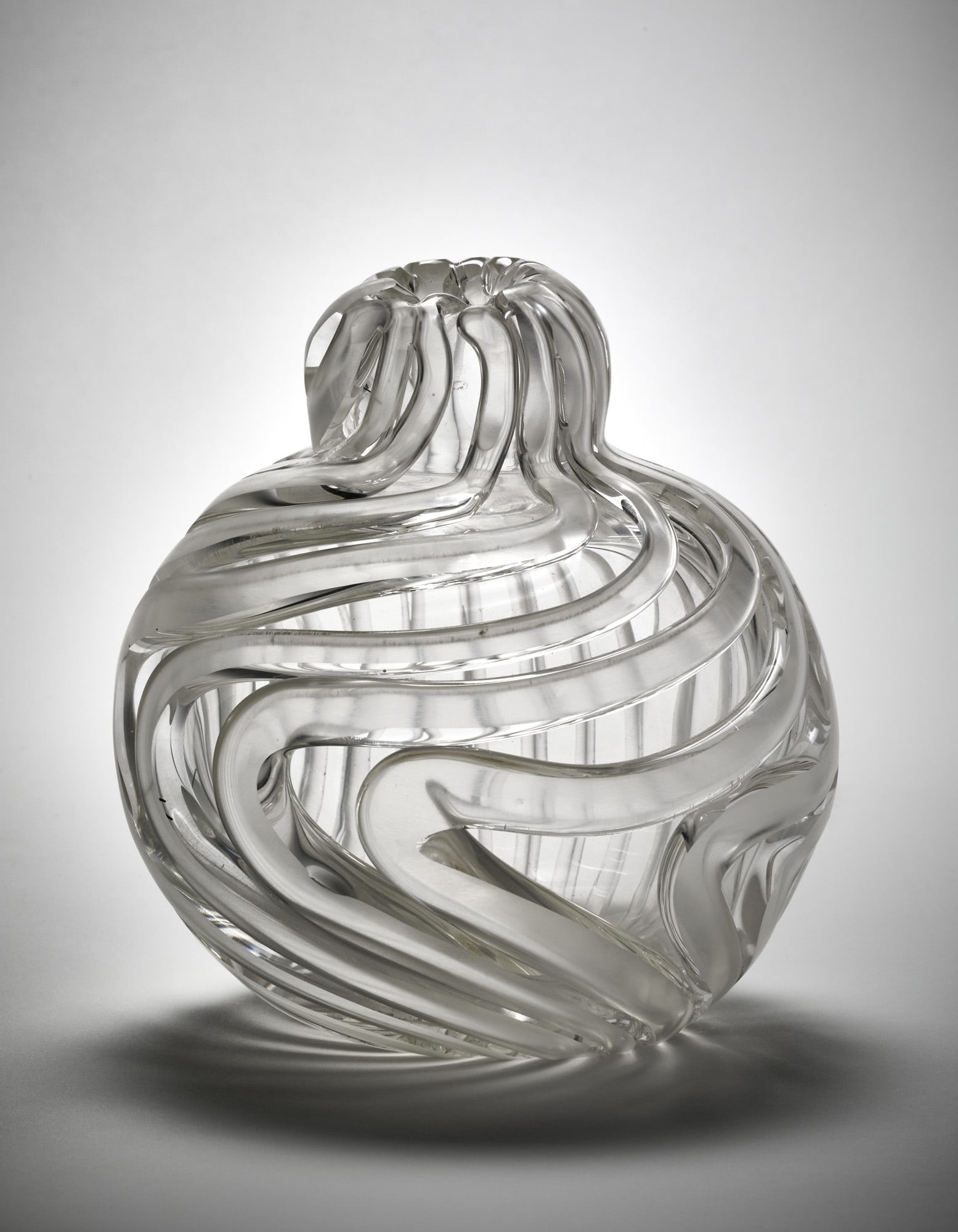 Ritsue Mishima (Kyoto 1962) Pumpikin-shaped vase. Murano, 2005. Crystal blown glass with application: Ritsue Mishima (Kyoto 1962) Pumpikin-shaped vase. Murano, 2005. Crystal blown glass with application of thick twisted filaments. Signed, dated and monogrammed under the base. (h 18 cm.) Provenance Pri
