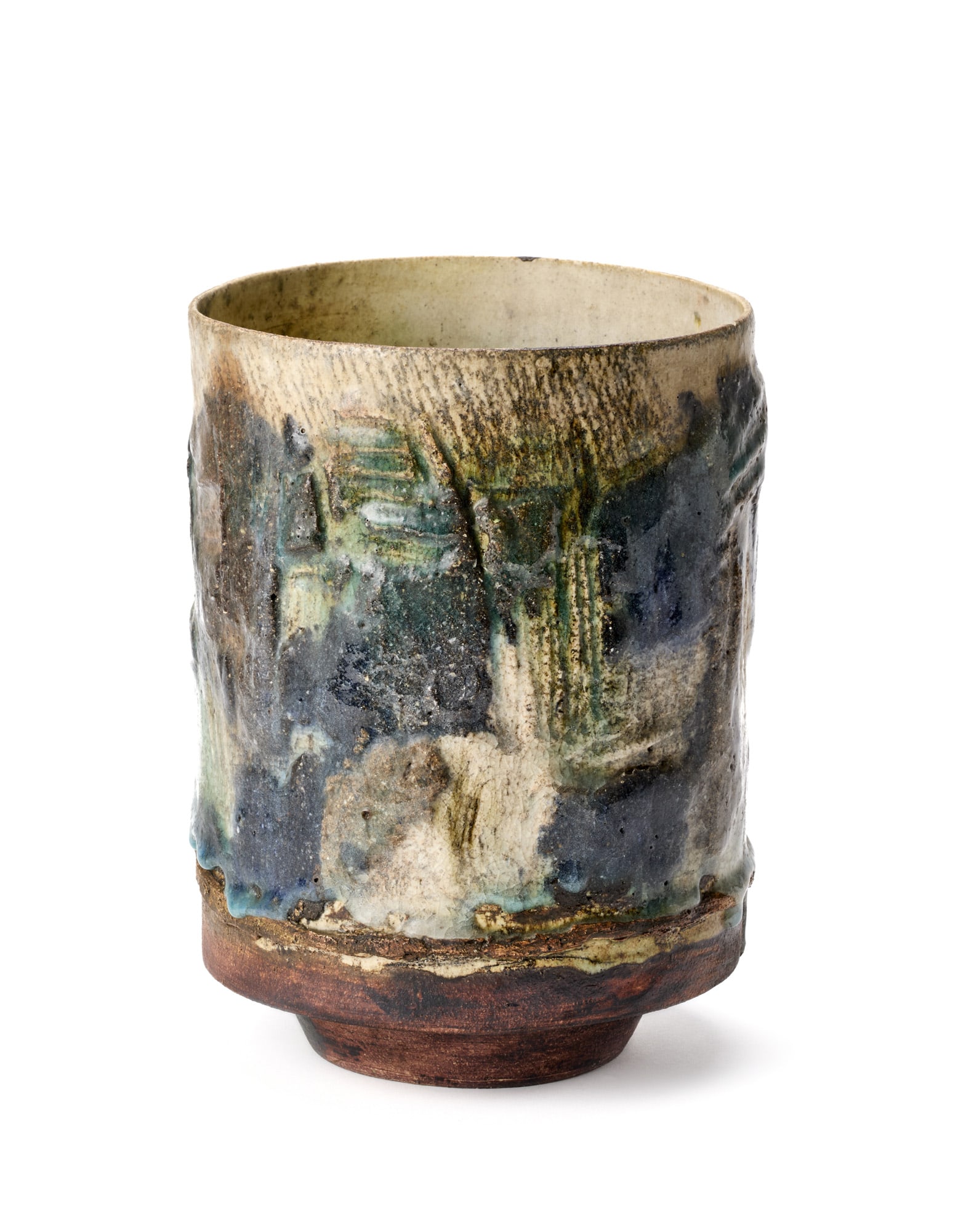 Nanni Valentini (Sant'Angelo in Vado 1932 - Arcore 1985) Lathe-moulded terracotta vase, with: Nanni Valentini (Sant'Angelo in Vado 1932 - Arcore 1985) Lathe-moulded terracotta vase, with informal enamelled relief surface in brown, beige, blue and vitrified blue drippings. Italy, 1950s/1960s. S