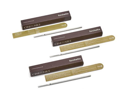 Franco Bettonica (1927 - 1999) Three forks with the original package. Produced by Cini & Nils,,: Franco Bettonica (1927 - 1999) Three forks with the original package. Produced by Cini & Nils, 1969. Brushed stainless steel, mirror polished caps. Limited edition. Accompanied by the original package