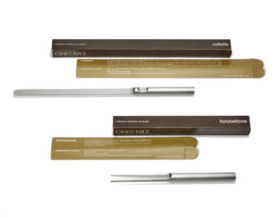 Franco Bettonica (1927 - 1999) Fork and knife of the series "Collezione cilindrica da tavola ".: Franco Bettonica (1927 - 1999) Fork and knife of the series "Collezione cilindrica da tavola ". Produced by Cini & Nils, 1970s. Brushed stainless steel, mirror polished blade and end caps. Accompanied