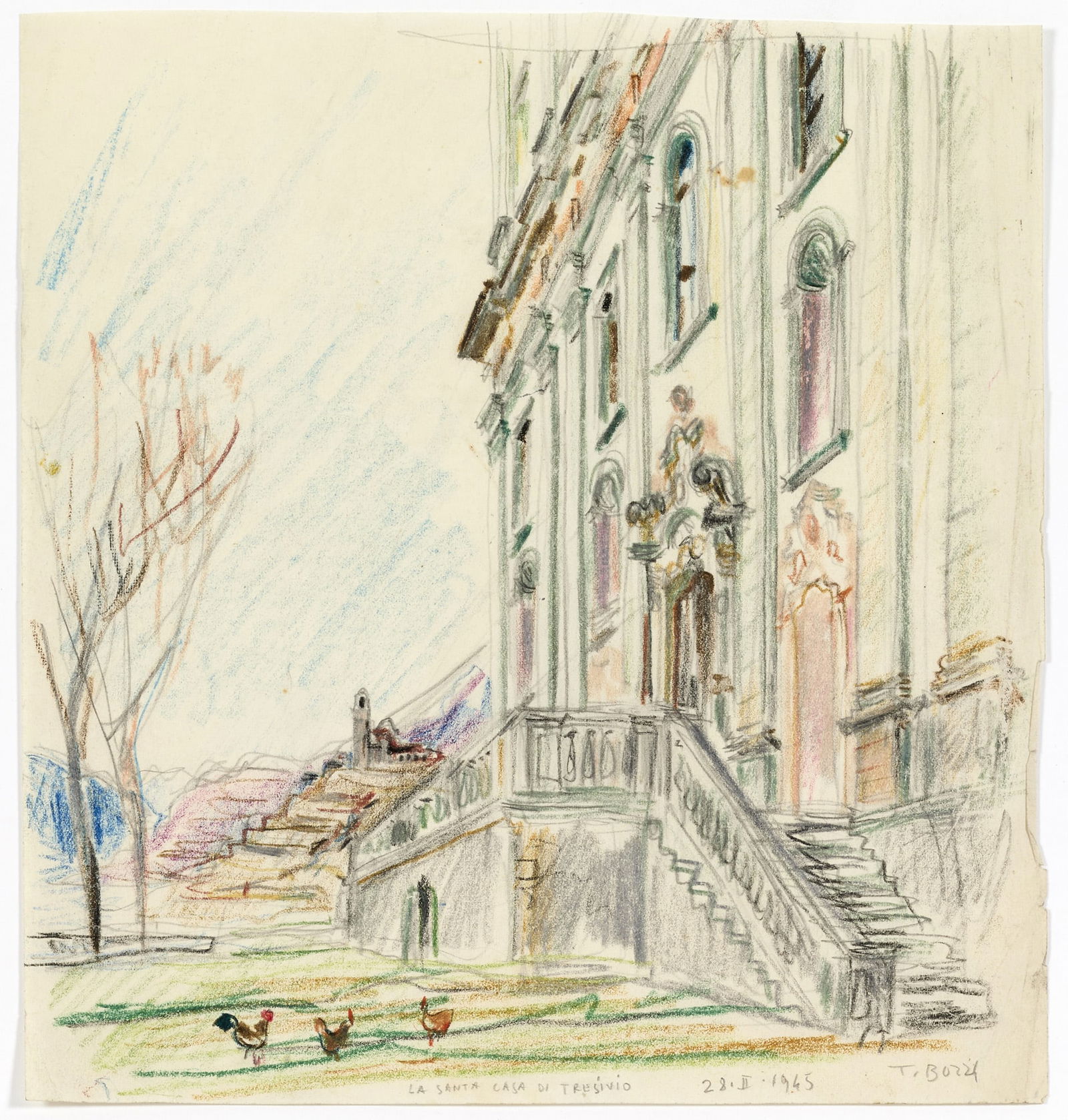 Tomaso Buzzi (Sondrio 1900 - Rapallo 1981) "La Santa Casa di Tresivio" Coloured pencil drawing on (1 of 1)