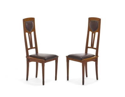 Eugenio Quarti (Villa d'Almè 1867 - Milano 1926) Pair of Liberty chairs. Milan, early 20th century.: Eugenio Quarti (Villa d'Almè 1867 - Milano 1926) Pair of Liberty chairs. Milan, early 20th century. Solid wood carved, threaded and inlaid with different woods. Seat and back covered in brown leather