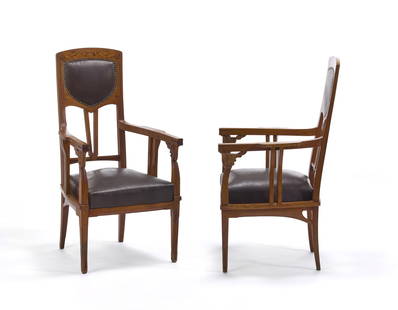 Eugenio Quarti (Villa d'Almè 1867 - Milano 1926) Pair of Liberty armchairs. Milan, early 20th: Eugenio Quarti (Villa d'Almè 1867 - Milano 1926) Pair of Liberty armchairs. Milan, early 20th century. Solid wood carved, threaded and inlaid with different woods. Seat and back covered in brown leat