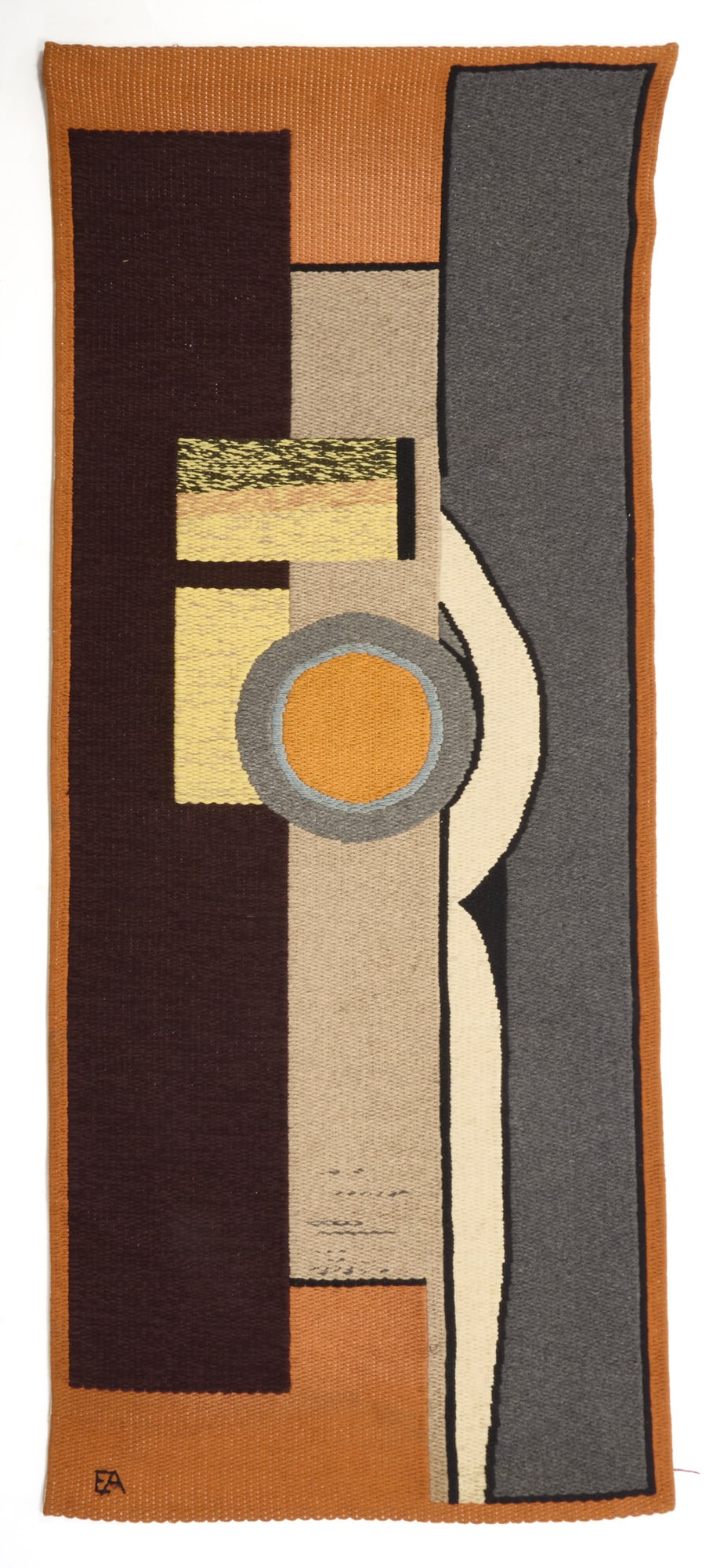 Enrico Accatino (Genova 1920 - Roma 2007) Hand-woven tapestry with geometric decoration in shades of: Enrico Accatino (Genova 1920 - Roma 2007) Hand-woven tapestry with geometric decoration in shades of brown, beige, light gray, dark gray, white, and light blue on an orange background. Rome, 1950s. La