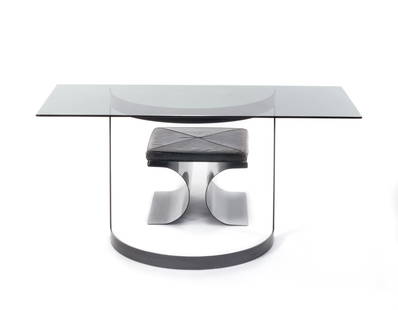 Michel Boyer (Attributed) Lot consisting of an entrance console table and a stool model “X??.: Michel Boyer (Attributed) Lot consisting of an entrance console table and a stool model “X”. Probabile edizione speciale Galérie Rouve, France, 1970s. Black lacquered steel, smoked crystal an