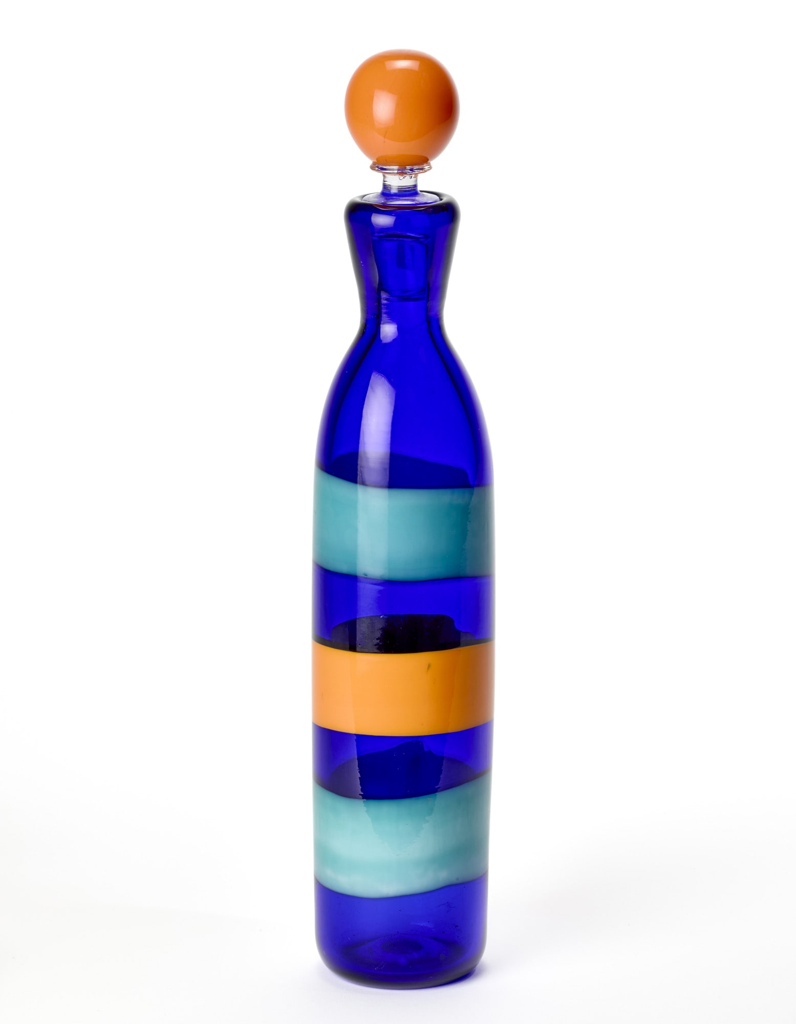 Venini Bottle with cap of the series "A fasce orizzontali". Execution by Venini, Murano,: Venini Bottle with cap of the series "A fasce orizzontali". Execution by Venini, Murano, 1950s/1960s. Transparent blue blown glass with orange and light blue opaque bands, orange and transparent color