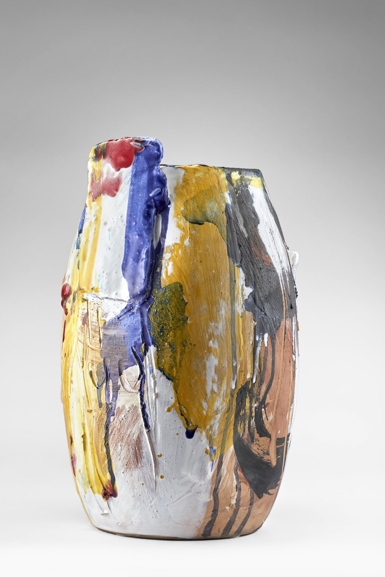 Giorgio Moiso (Cairo Montenotte 1942 - Savona 2019) Hand-molded ceramic vase painted in polychrome,: Giorgio Moiso (Cairo Montenotte 1942 - Savona 2019) Hand-molded ceramic vase painted in polychrome, with applied elements and graffiti decorations. Manufacture of Ceramiche S. Giorgio, Albisola, 2005.