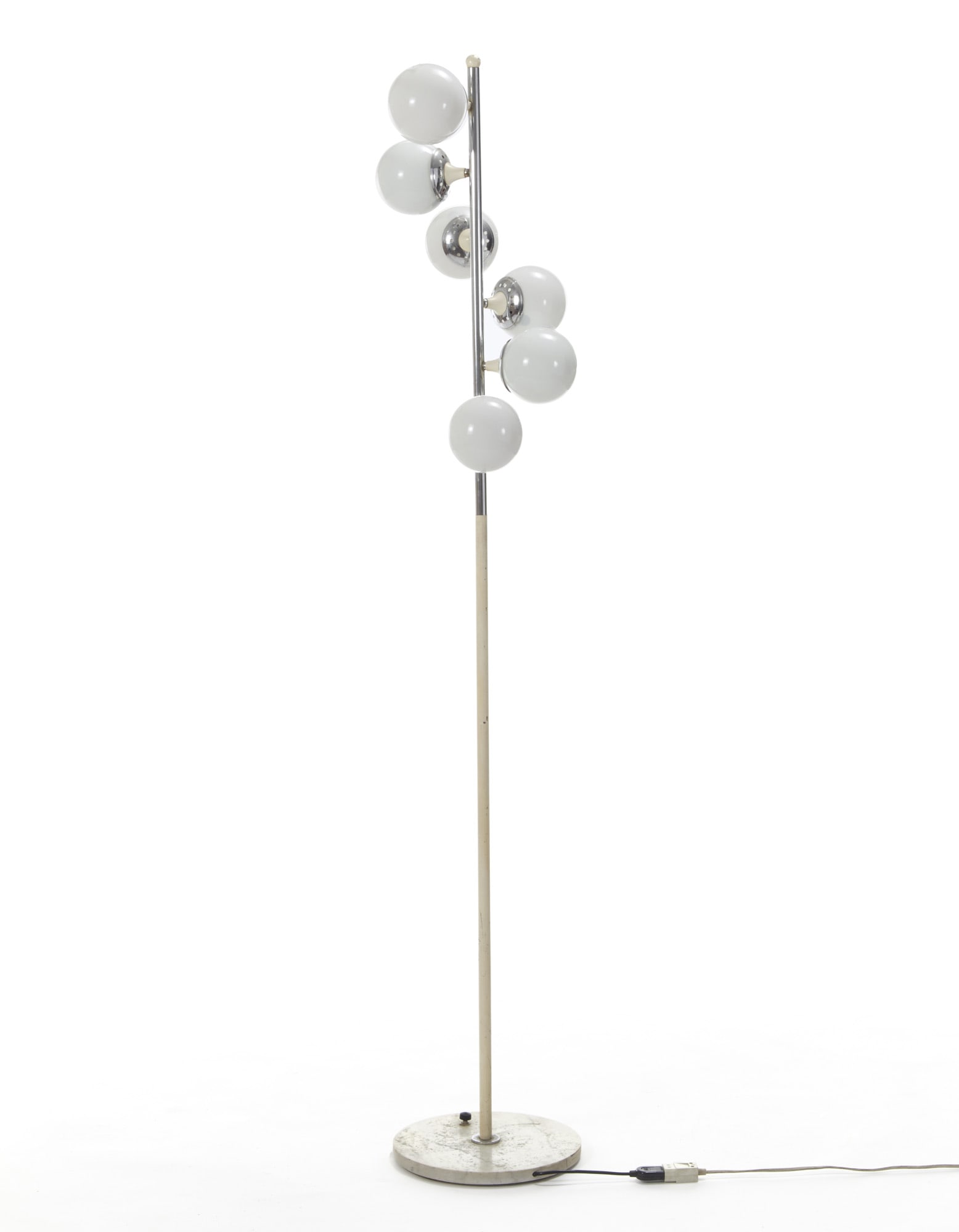 Six-light floor lamp with white glass ball shades, chrome-plated and white lacquered metal stem, and (1 of 1)