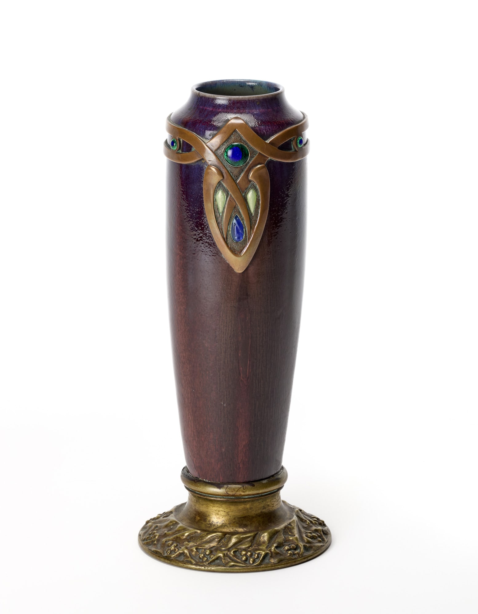 Joseph Mougin (Nancy 1876 - 1961) Art Nouveau vase in purple-brown fire-glazed ceramic, copper mount (1 of 1)