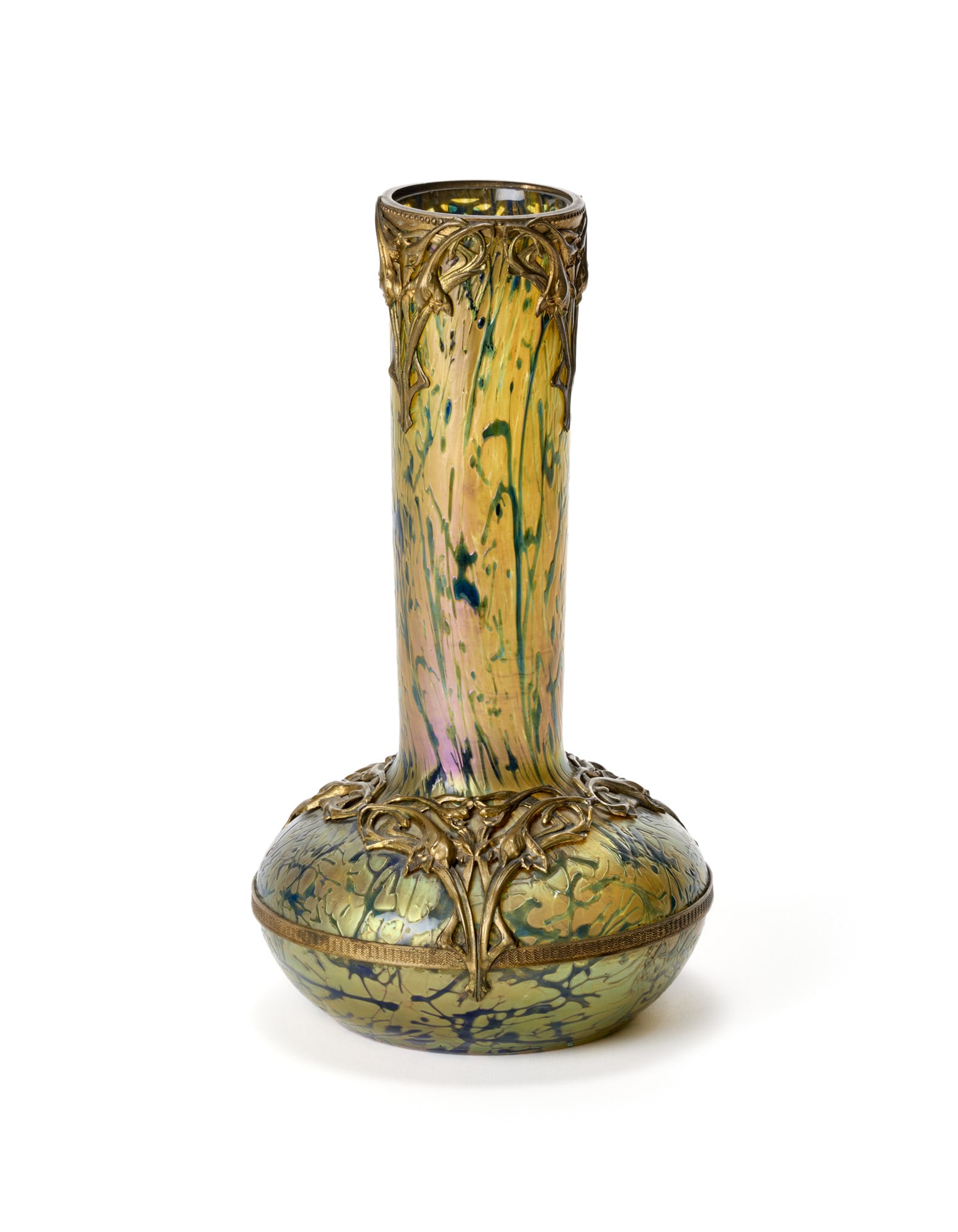 Loetz (Attributed) Green glass vase with blue streaks, strongly iridescent on the outer surface.: Loetz (Attributed) Green glass vase with blue streaks, strongly iridescent on the outer surface. Gilded metal flower frame.. Austria, early 20th century. (h 26.5 cm.) IT (Attribuito) Vaso in vetro ver