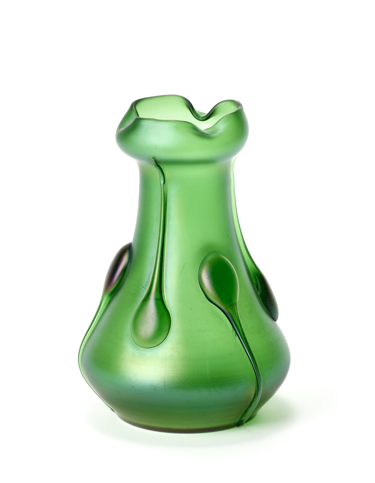 Loetz (Attributed) Green blown glass vase with iridescent outer surface decorated with hot-applied: Loetz (Attributed) Green blown glass vase with iridescent outer surface decorated with hot-applied drops. Austria, first half 20th century. (h 25.5 cm.) (slight defects) IT (Attribuito) Vaso in vetro