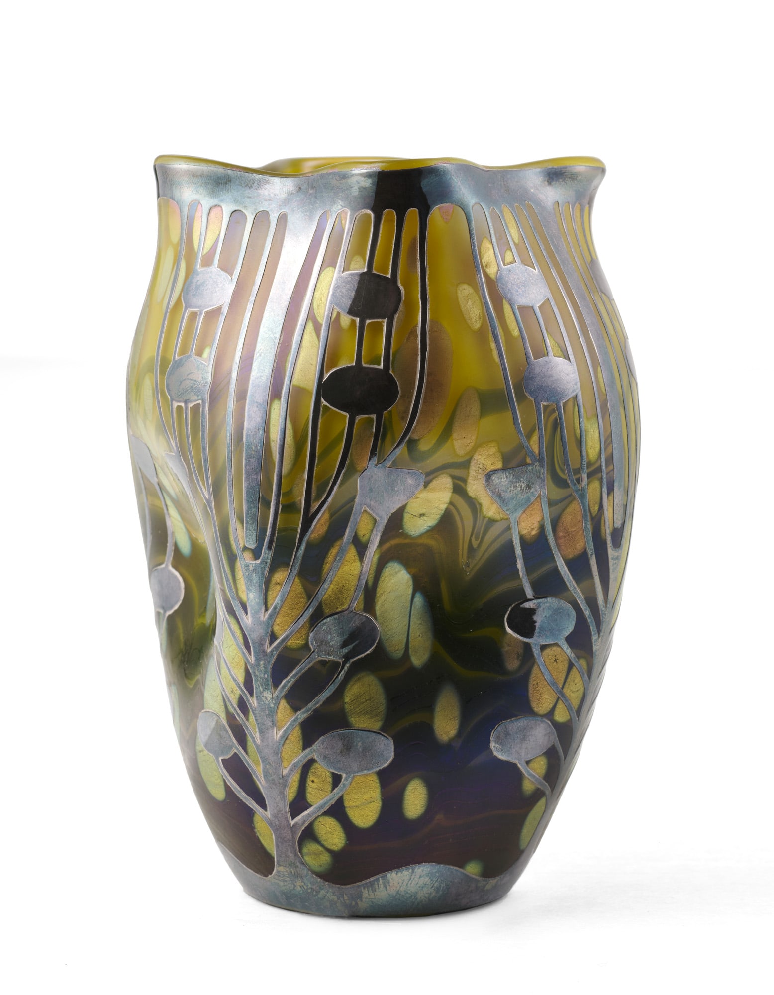 Loetz Greenish-yellow shaped glass vase with iridescent spots and irregular dark green glass: Loetz Greenish-yellow shaped glass vase with iridescent spots and irregular dark green glass filaments, decorated with silver foil plant motif. Austria, early 20th century. Numeral 2/478 n 788 engrave