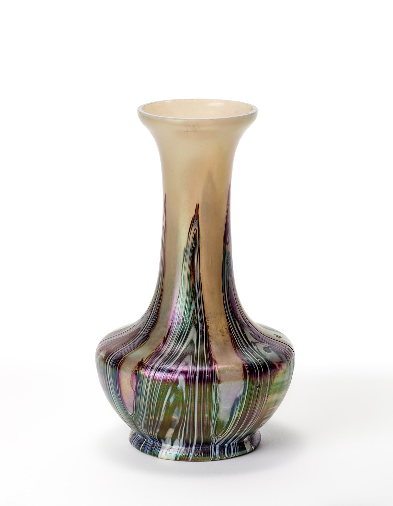 Loetz (Attributed) Opalescent glass bottle vase with heavily iridescent purple glass streaks.: Loetz (Attributed) Opalescent glass bottle vase with heavily iridescent purple glass streaks. Austria, early 20th century. (h 26 cm.) IT (Attribuito) Vaso a bottiglia in vetro opalescente con striatur