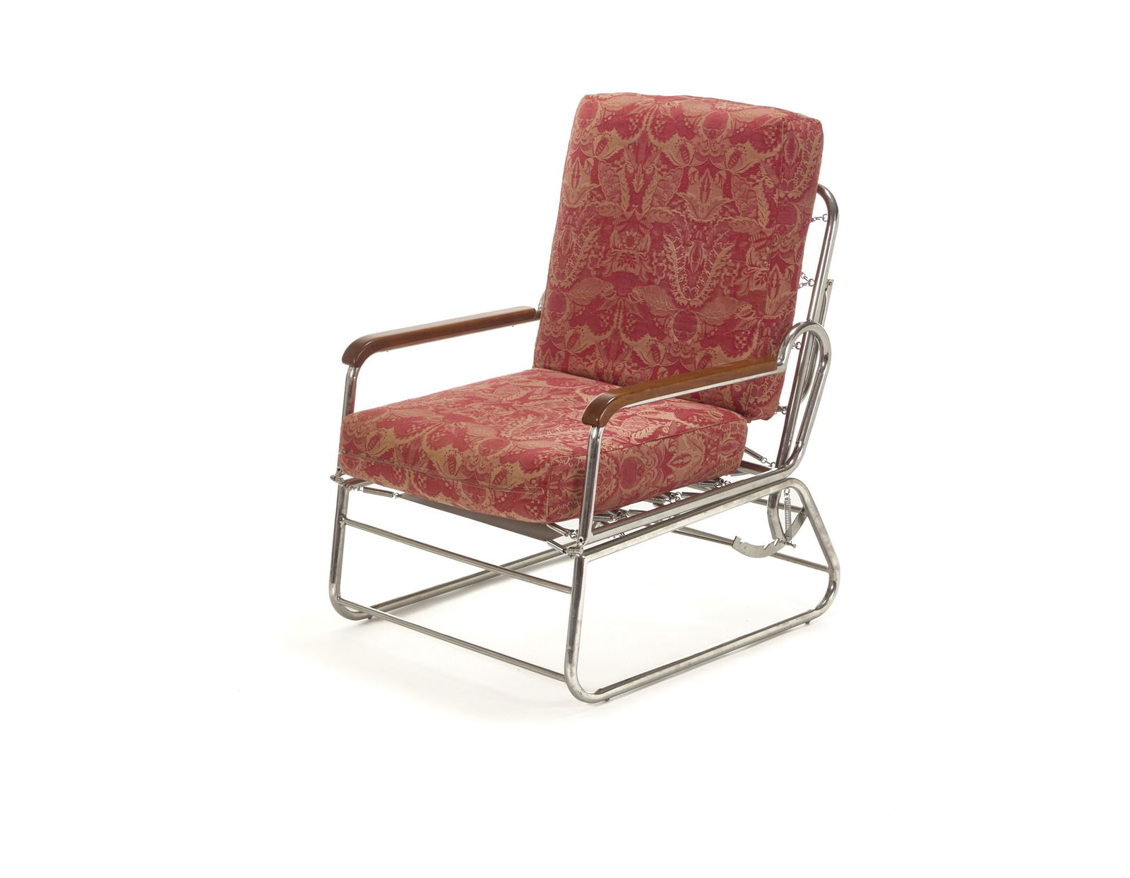 * “Rationalist?? armchair convertible into chaise-longue/bed, made of welded and chromed curved: * “Rationalist” armchair convertible into chaise-longue/bed, made of welded and chromed curved steel tubes, beech wood arms, upholstered cushions covered in red and beige fabric. Italy, 1940s.