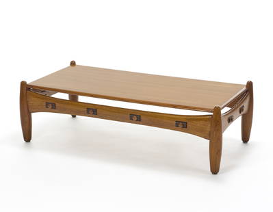 Sergio Rodriguez (Rio de Janeiro 1927 - Rio de Janeiro 2014) Coffee table model "Sheriff". Produced: Sergio Rodriguez (Rio de Janeiro 1927 - Rio de Janeiro 2014) Coffee table model "Sheriff". Produced by ISA, Ponte San Pietro, 1961ca. Solid wood and leather details. Bearing manufacturer's adhesive la