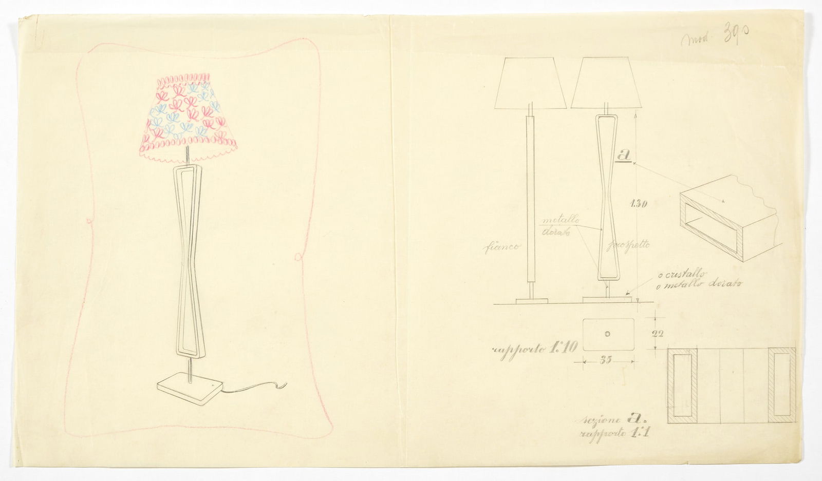 Gio Ponti e collaboratori  Drawing of a floor lamp in two variations model "390". Destinato (1 of 1)