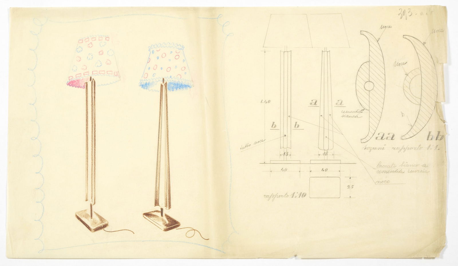 Gio Ponti e collaboratori  Drawing of a floor lamp in two variations model "393 a e b". Destinato (1 of 1)