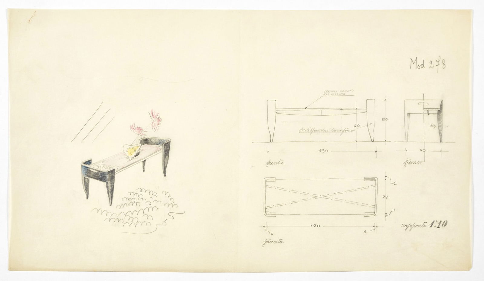 Gio Ponti e collaboratori Drawing of a coffee table model "278". Destinato probabilmente: Gio Ponti e collaboratori Drawing of a coffee table model "278". Destinato probabilmente all'esecuzione di Giordano Chiesa per il catalogo Fontana Arte, Milan, 1940s. Final drawing dimensioned at a sc