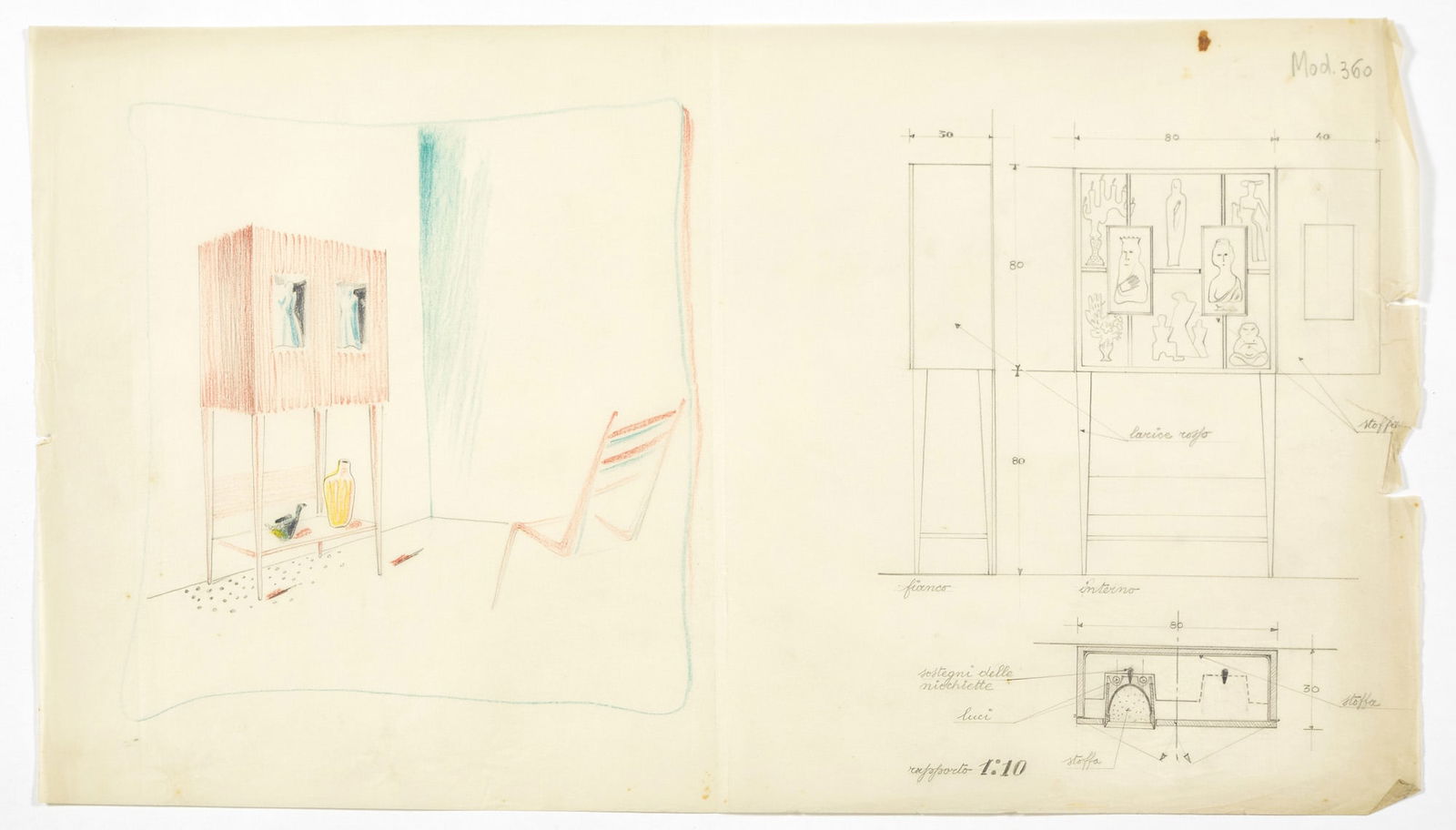 Gio Ponti e collaboratori Drawing of bar cabinet model "360". Destinato probabilmente: Gio Ponti e collaboratori Drawing of bar cabinet model "360". Destinato probabilmente all'esecuzione di Giordano Chiesa, Milan, 1940s/1950s. Final dimensioned drawing at 1:10 scale of two-door bar cab