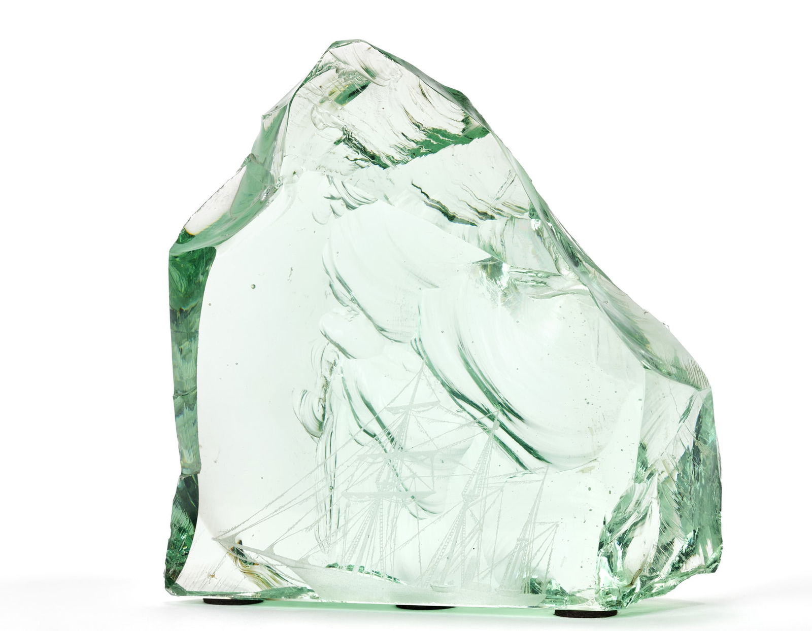 Kosta Boda  Crystal block decorated with engraved sailing ship at the wheel. Sweden, 1950s. (1 of 1)